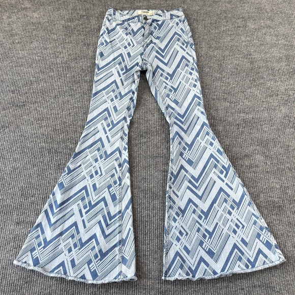 Rock & Roll Denim Denim - Rock & Roll Denim Bargain Button Bell Flare Jeans Womens 27x36 Blue Geometric
